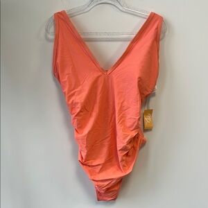 Kona Sol Sz 24W One Piece Swimsuit with Plunging V-Neck and Side Ruching • NWT